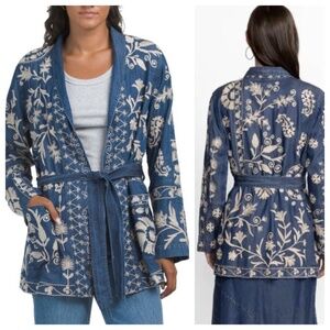 JOHNNY WAS Allison Military Womens L Denim Blue Jacket Belted Embroidered Kimono
